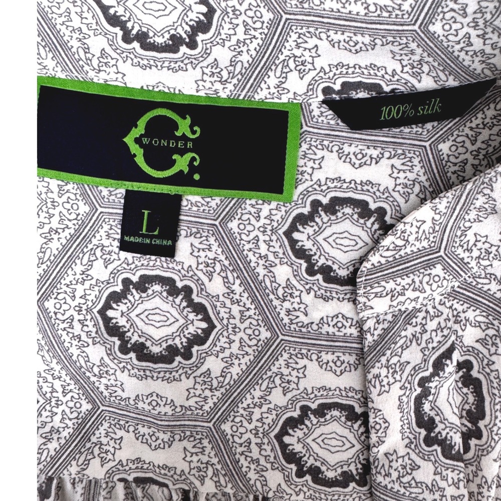 C Wonder Silk Blouse Long Sleeve Grey Medallion Print Size Large Professional - Picture 5 of 6